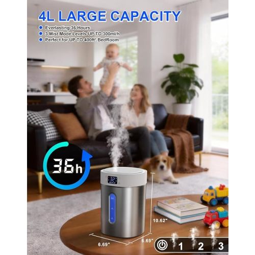 Humidifiers for Bedroom Large Room Baby, 4L Ultrasonic Cool Mist Humidifier, 304 Stainless Steel humidifiers, Auto Humidity Control, Humidity Display, Night Light, Quiet,Timer,Aromatherapy