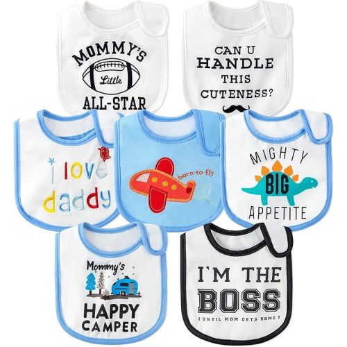 7Pcs Cotton Waterproof Baby Bibs Hook Loop Closure Newborn Bib Keepsake Baby Gift for Drooling Feeding Eating