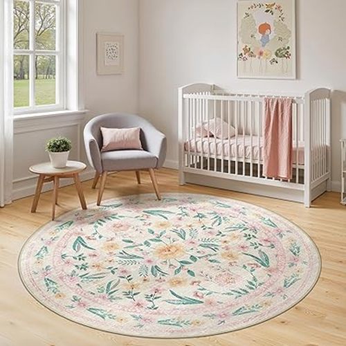 Pink Floral Round Rug 6ft, Washable Boho Circle Area Rug for Girls Bedroom or Living Room, Soft Non-Slip Botanical Carpet for Nursery or Kids Room, French Flower Design Home Décor Rug