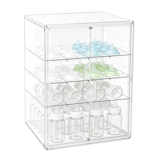ERTIUANIO Baby Bottle Organizer – 4 Tier Bottle Storage Organizer Baby with Double Magnetic Doors for Nipples, Pump Parts, Food Jars – Clear Nursery Cabinet for Countertop Kitchen