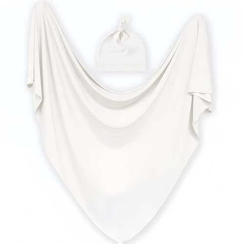 Baby Receiving Blankets with Matching Beanie Set Newborn Nursery Swaddle Unisex Swaddle Wrap Soft Silky Neutral for Baby Girls and Boys (White)