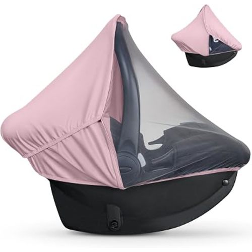 Summer Baby Car Seat Cover | 2-in-1 Breathable Carseat Sun Shade & Mosquito Net | UV Protection Lightweight Canopy Covers for Infant Girls | Bug Net Mesh for Warm Weather (Pink)