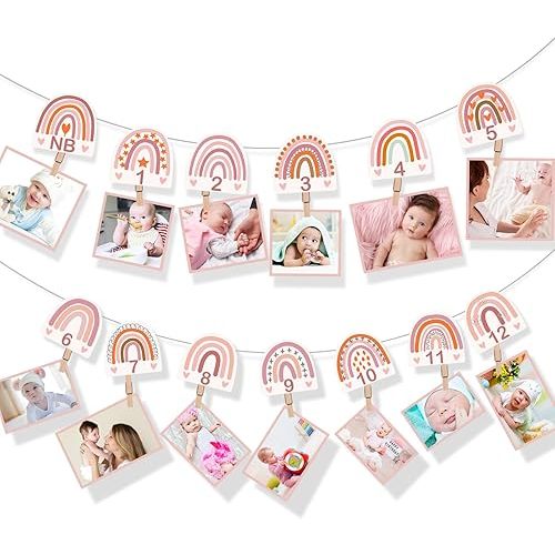 Laumoi Boho 1st Birthday Rainbow Photo Banner for Baby from Newborn to 12 Months Bohemian Baby Monthly Milestone Photo Banner Pink Garland for Birthday Party Supplies Booth Props Decor