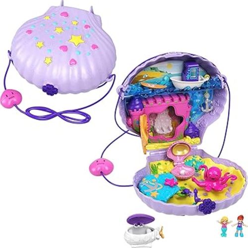 Polly Pocket Tiny Power Seashell Purse Compact with Wearable Strap, Fun Under-The-Sea Features, Micro Polly and Lila Mermaid Dolls, 2 Accessories & Sticker Sheet; for Ages 4 Years Old & Up