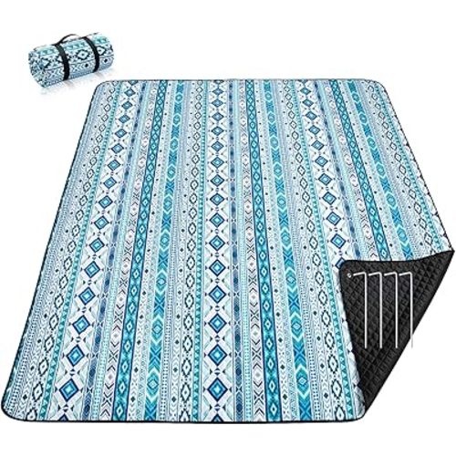 PY SUPER MODE Picnic Blankets Extra Large, Waterproof Foldable Outdoor Beach Blanket Oversized 83x79” Sandproof, 3-Layer Picnic Mat for Camping, Hiking, Travel, Park, Concerts(Teal Boho)
