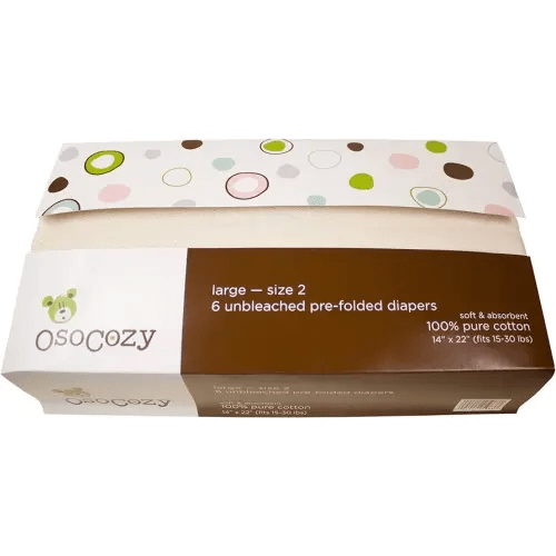 OsoCozy Unbleached Prefold Cloth Baby Diapers, Size 2 (15-30 lbs.), Soft, Absorbent, Durable 100% Natural Cotton, Unbleached Natural Color -6 Pack