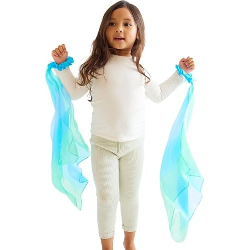Sarah's Silks Wrist Streamers | 100% Silk Montessori and Waldorf Toys | Rhythm Ribbons for Dance, Imaginative, and Pretend Play | Includes 2 Pieces (Sea)