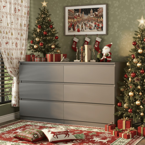 Resenkos Modern Mid Century 6 Drawer Wide Dressers Chests for Bedroom, Chest of Drawer Organizer Grey