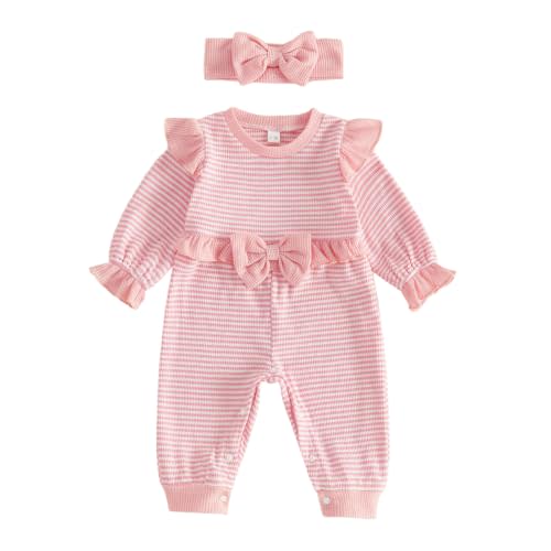 Socutebabe Newborn Baby Girl Clothes Long Sleeve Striped Jumpsuit Headband | Baby Coming Home Outfit Girl Long Sleeve Knitted Romper Baby One-Piece Jumpsuit Newborn Outfit Infant Fall Winter Clothes