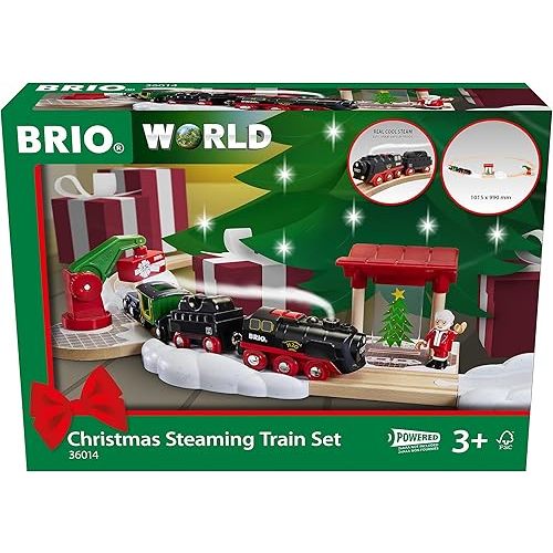 BRIO World - Christmas Steaming Train - Battery-Operated Train - 27-Pc Motorized Steam Engine for Wooden Track with Lights and Kid-Friendly Steam - Interactive Play with Forward/Reverse - for Kids 3+