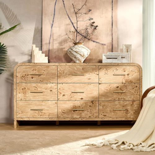 LEV FURNITURE Curved 9-Drawer Dresser 63 Inch Wide Modern Chest Dark Burl - Curved 9-Drawer Dresser 63 Inch Wide Modern Chest Dark Burl