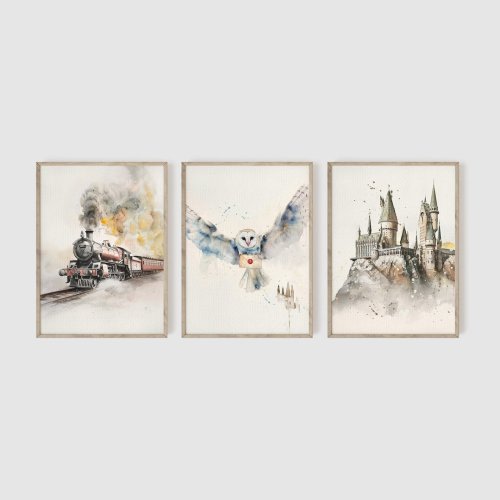 Wizard Neutral Nursery Set of 3, Snowy Owl Print, Wizarding Baby Decor, Castle Wall Art, Express Train, Fan Nursery Decor, Baby Shower Gift