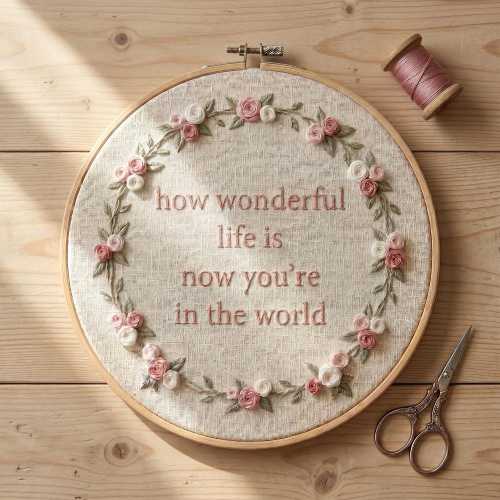 How Wonderful Life Is Now You're in The World Embroidery Wood Hoop, Floral Nursery Hand Embroidered Hoop