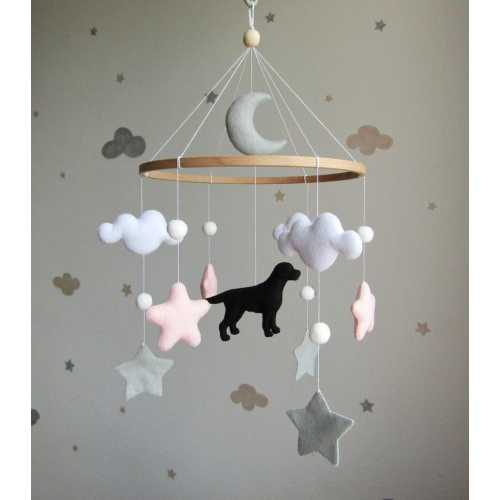Black Labrador Baby Mobile with Pink Stars – Handmade Dog Lover Nursery Decor for a Sweet Girl's Room