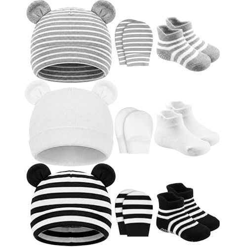 Geyoga Newborn Baby Hat Bear Ears Mittens and Socks Set for 0-6 Month