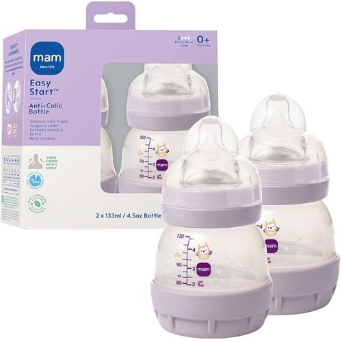 MAM 4.5oz Easy Start Anti-Colic Wide Neck Vented Baby Bottle, Extra Slow Flow Breastfeeding-Like Silicone Nipple, Reduces Colic, Gas & Reflux, Easy to Clean, BPA Free, 0+ Months, Made in Europe