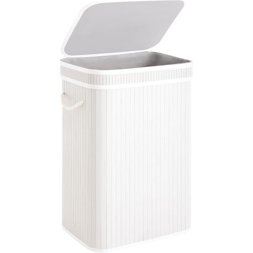 StorageWorks Laundry Hamper with Lid, Foldable Bamboo Laundry Basket, Clothes Hamper with Handles, Organizer and Storage for Laundry Room, Bedroom, Dorm, White