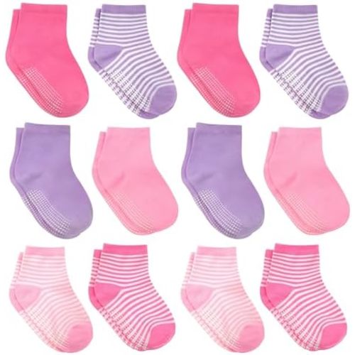 Debra Weitzner Toddler Socks With Grips - 12 Pairs Crew Cotton Grip Socks for Baby Boys Girls Infant's and Kids 6-M - 7 years