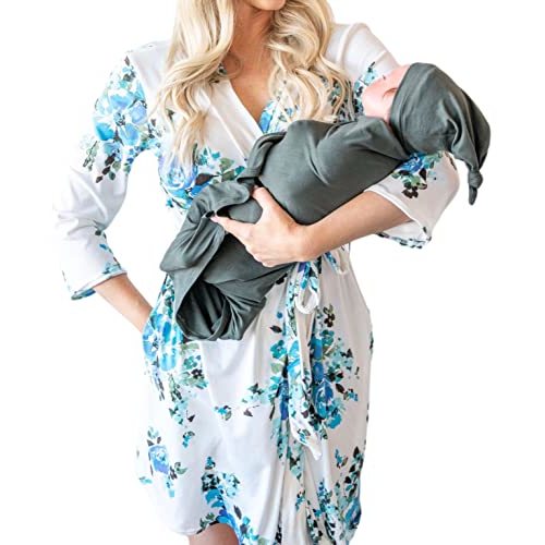 DOUBLE THE SPRINKLES Matching Robe and Swaddle Set Mom And Baby - Mommy & Me Matching Outfits, Hospital Robe For Labor With Delivery Gown, Baby Blanket & Hat (Large, Aspen & Green Swaddle)