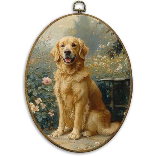 CUANFDDSF Vintage Golden Retriever Oval Wall Art Decor, Golden Retriever Gifts Wall Hanging Decor, Cottagecore Botanical Farmhouse Dog Framed Canvas Prints for Home Bedroom Living Room, 8.6x11.4 Inch