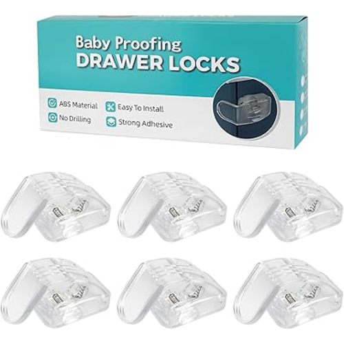 6-Pack Baby Proofing Lock For Drawer, Maveek Child Proof Locks For Corner Drawer Thinner Door Cabinet Kitchen Cupboard Dresser Fridge, Childproof Furniture Latch For 0-12 Month Infant (6 Clear)