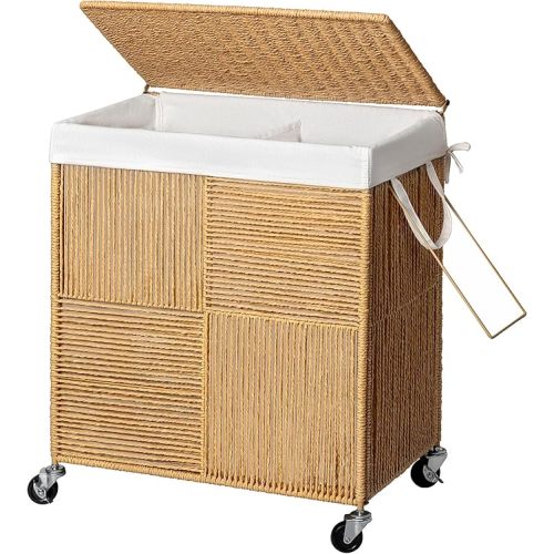 WOWLIVE Double Laundry Hamper with Lid, Handwoven Rolling Laundry Basket with Wheels, 115L Dirty Clothes Hamper with Removable Liner Bag Large Capacity Laundry Sorter Laundry Room Organization,Natural
