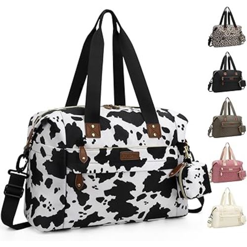 Diaper Tote - Baby Bag with Pacifier Case, Shoulder Straps, Stroller Clips, Waterproof Large Mommy Maternity Travel Bag for Mom and Dad, Cow Print