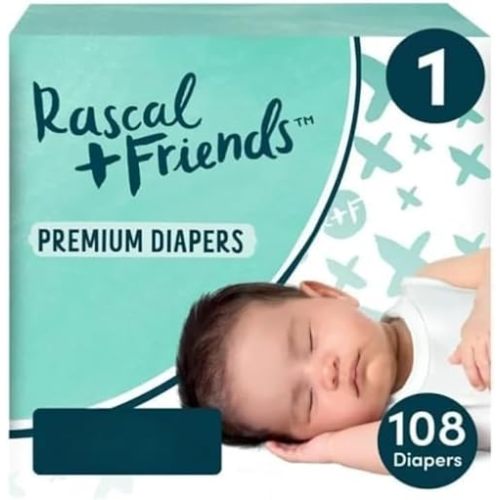 Rascal + Friends Premium Diapers, Size 1, up to 11 lbs, Feather Soft with Triple Leak Guards, 108 Count