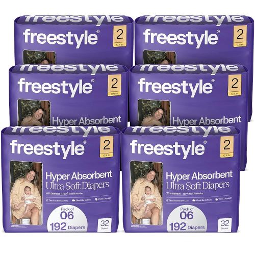 Freestyle BambooTek Diapers – (Size 2) Hyper Absorbent & Non-Toxic – Disposable Diapers for Sensitive Skin – Ultra Soft Diapers (12-18 lbs) – 192 Count