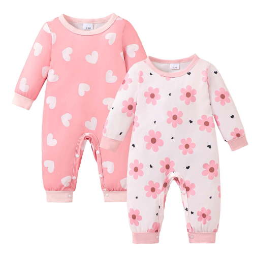 KIMI BEAR Preemie Baby Girl Romper Clothing 2 Packs Shower Gift Long Sleeves Floral Hearts Bodysuit One-piece Jumpsuit 2pcs Clothes Pink