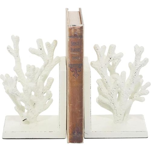 Deco 79 Metal Coral Decorative Bookends Non Skid Bookends, Set of 2 Office Bookends5"W, 7"H, White
