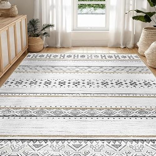 BESTSWEETIE 5x7 Area Rugs for Living Room Washable Moroccan Farmhouse Neutral Geometric Low Pile Non-Slip Soft Print Pattern Rug for Bedroom Kitchen Dining Room Entryway Black/Brown