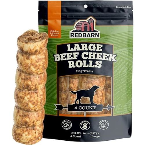 Redbarn Pet Products All-Natural Large Beef Cheek Rolls for Dogs, Chicken & Carrot Glazed - Single Ingredient Grain-Free Chew Treat Naturally Rich in Collagen - Packaging May Vary, Pack of 4