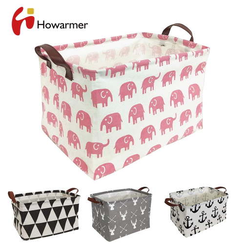 Rectangle Laundry Basket, 15" Baby Storage Basket for Girls, Waterproof Large Canvas Laundry Hamper for Nursery Clothes Toys College Dorms Organizer, Pink Elephant