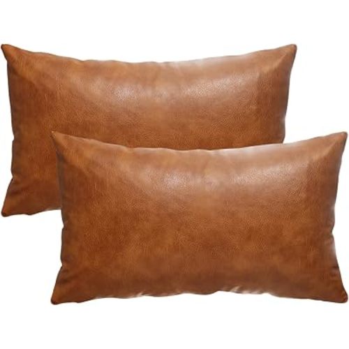 GEGELICA 12X20 Inch Brown Faux Leather Throw Pillow Covers Set of 2