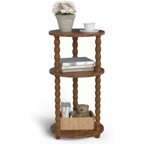 3 Tier Round Side Table - Compact End Table with Solid Spindle Wood Legs