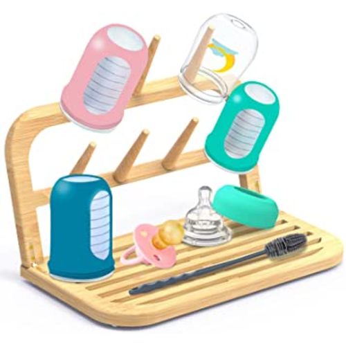 Bamboo Baby Bottle Drying Rack with Bottle Cleaning Brush,Space Saving High Capacity Baby Bottle Dryer Holder, Water-Resistant Travel Drying Rack for Bottles, Teats, Cups, and Accessories