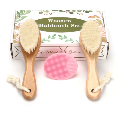 Baby Hair Brush, 2PCS Wooden Goat Bristles Hair Brush with Silicone Hair Scrubber Cradle Cap Brush for Newborn, Toddler, Boys, Girls Perfect Scalp Grooming Product (Pink)