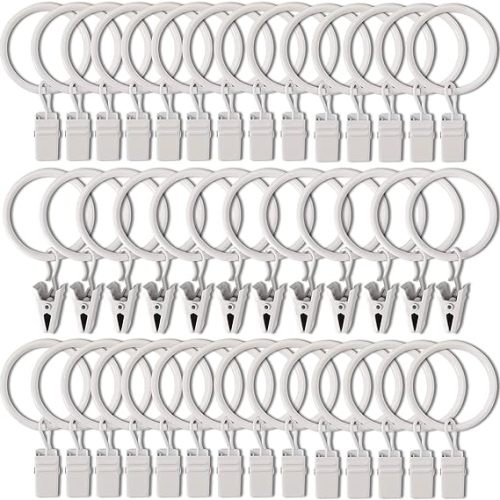 40 Pack Curtain Rings with Clips, Drapery Clips with Rings, Drapes Rings 1.26 in Interior Diameter, Fits up to 1 in Curtain Rod, White