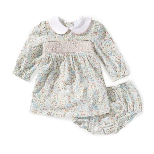 Edgehill Collection Baby Girls Long Sleeve Peter Pan Collar Floral Print Smocked Dress