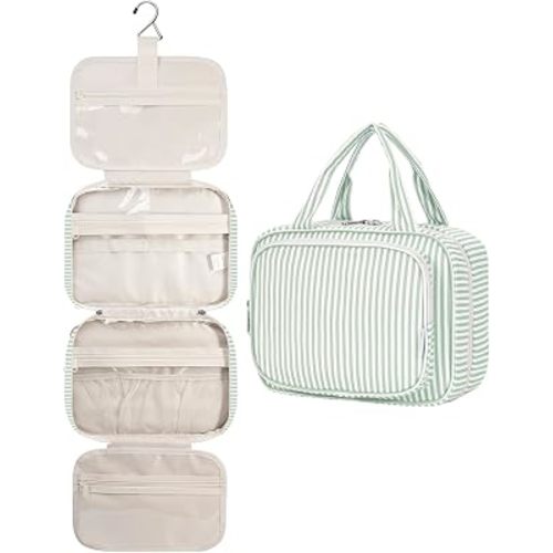 Narwey Striped Hanging Toiletry Bag for Women Travel Makeup Bag Organizer Toiletries Bag for Travel Size Essentials Accessories Cosmetics (Mint Green Stripe (Medium))