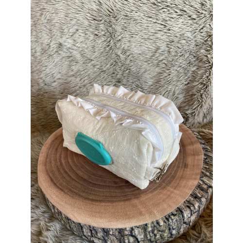 Customized White Lace Diaper + Wipe Pouch w/ White Ruffles, Baby Shower Gift, Car and Stroller Diaper Bag