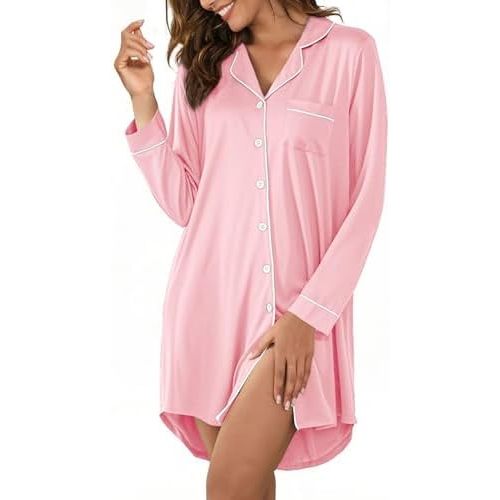 Nightgowns for Women Button Down Sleep Shirts Short Sleeve Nightshirt Boyfriend Nightdress V Neck Pajama Dress S-XXL