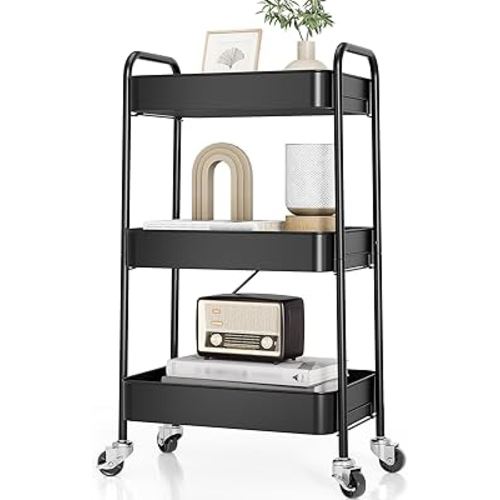 TOOLF 3-Tier Metal Rolling Cart with Wheels, Storage Utility Organizer Cart for Kitchen, Bathroom, Office, Baby Essentials & Makeup - Lockable Casters, Easy Assembly, Large Capacity, Black