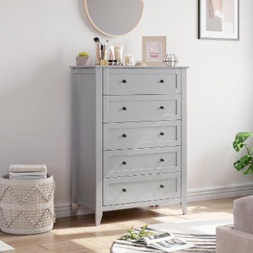5 Drawers Dresser for Bedroom, Farmhouse Tall Wood Chest of Drawers for Clothes, Big Storage Dressers Organizer with Gold Handles for Bedroom, Grey