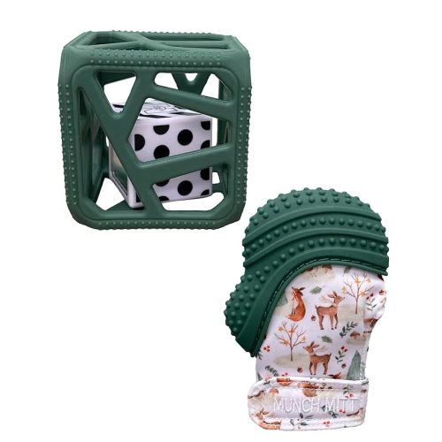 Malarkey Kids Holiday Gift Pack: Munch Mitt and Chew Cube Duo - Perfect Teething Treats for Babies and Toddlers (Green)