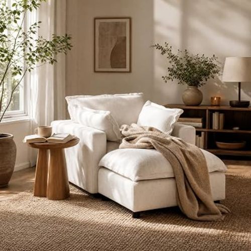 Modern Sofa Chair for Living Room Cloud Chaise Longue for Reading Corner Single Sofa Accent Chair with Ottoman for Bedroom Study Reading Room, Linen Fabric-White