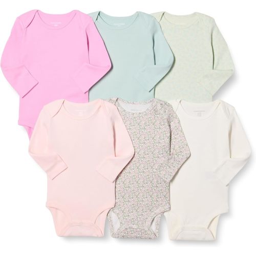 Amazon Essentials Unisex Babies' Long-Sleeve Cotton Bodysuits, Pack of 6, Pink/Floral, 0-3 Months