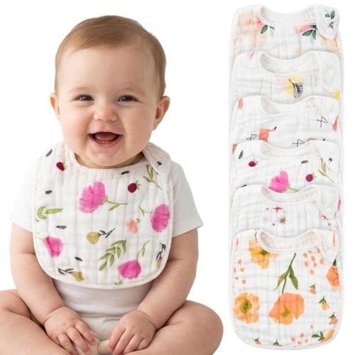 6Pcs Snap Muslin Cotton Bibs for Baby, Flamingo Star Flower Machine Washable Adjustable Burp Cloths with 6 Absorbent Soft Layers for Infant Newborn Toddler Drooling Feeding and Teething
