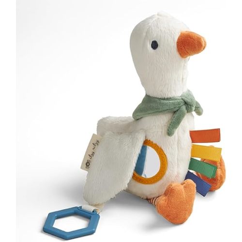 Itzy Ritzy Bitzy Traveler Car Seat & Stroller Toy for Babies – Developmental Sensory Toy Features Crinkle & Rattle Sounds & Multiple Textures – Hanging Travel Buddy for On-the-Go Entertainment (Goose)